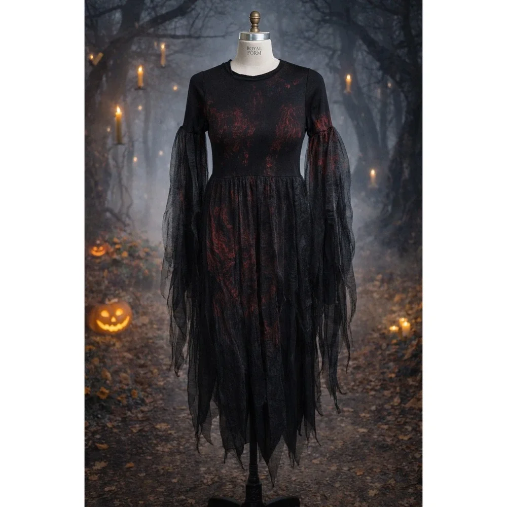 Fun World Girls Gothic Vampire Hooded Gown Dress Black Red Halloween Costume 7/8
